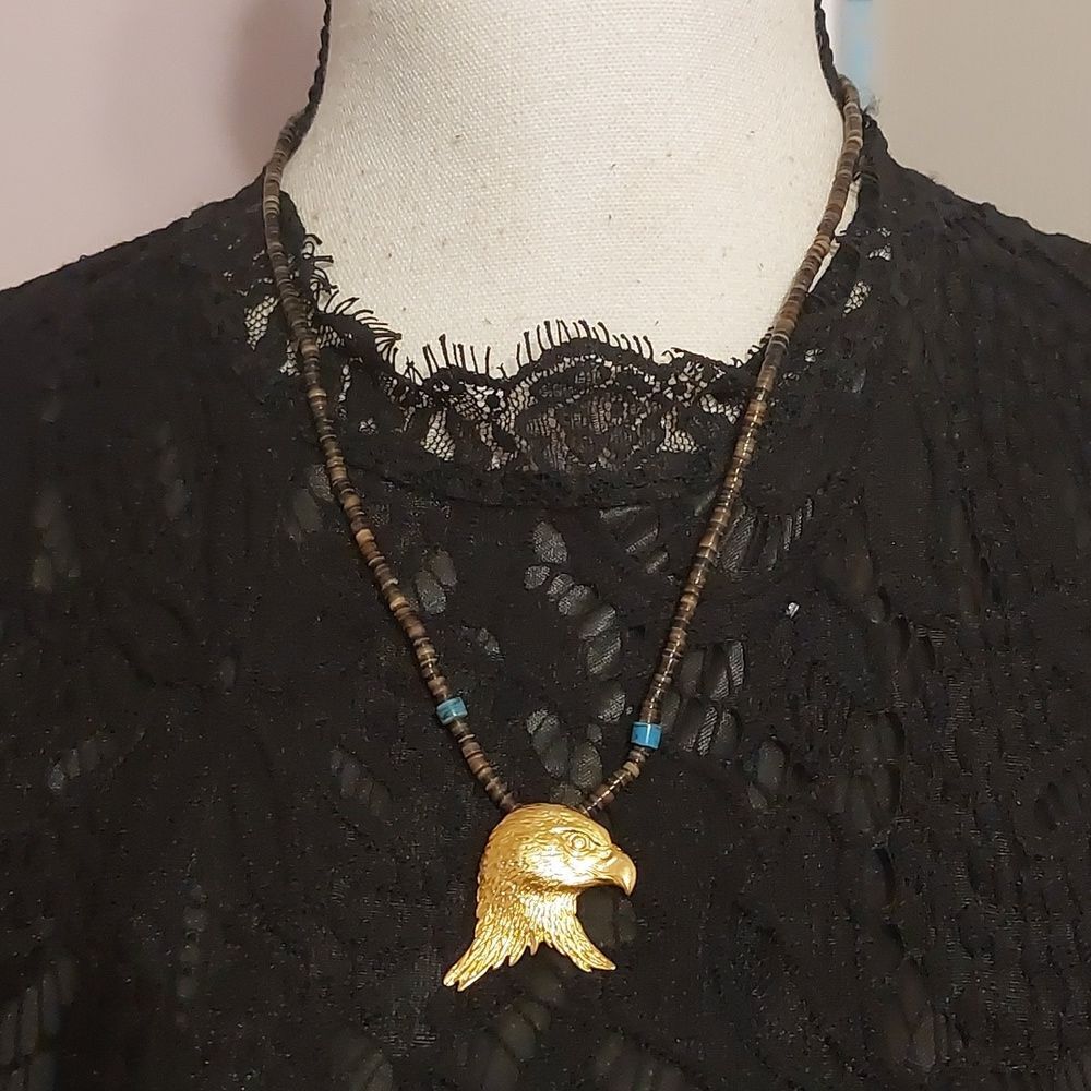 Eagle Head Gold Tone Pendant Brown Lip Snail Heishi Shell Beads Necklace
